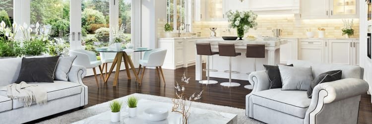 hardwood flooring in modern living room / kitchen combo